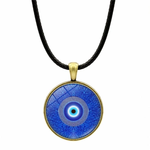 Retro Evil Eye Glasanhänger Halskette mit antikem Bronze-Rahmen und schwarzer Kordel