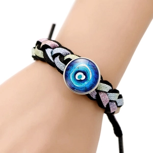 Handmade woven Evil Eye bracelet with black rope and blue glass bead charm for women