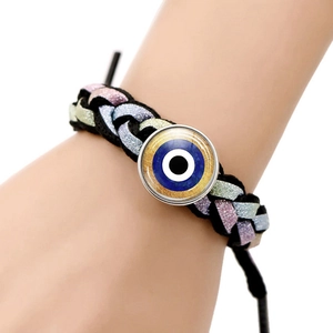 Handmade woven Evil Eye bracelet with colorful glitter threads and adjustable black cord