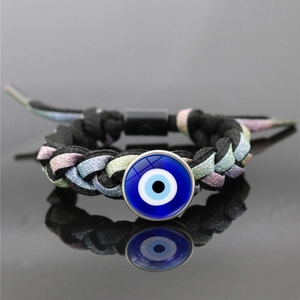 Handmade woven Evil Eye bracelet with black and glitter cord and blue glass eye charm
