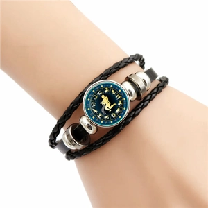 Aquarius luminous zodiac multilayer braided leather bracelet with silver metal charms