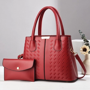 Dunkelrotes zweiteiliges Lederhandtaschen-Set mit Webmuster und verstellbarem Schultergurt