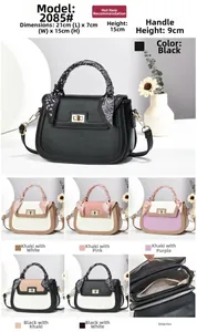 Detail view of stylish color-block handbag showing dimensions and various color options