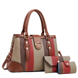 Ensemble de 3 sacs en toile patchwork avec rayures rouges et marron et détails cuir