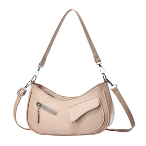 Chic beige half-moon underarm bag with multi-layer zipper pockets and long strap
