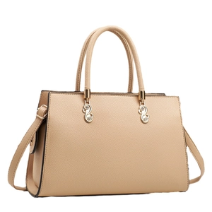 Minimalist beige macaron handbag with adjustable strap and textured leather finish