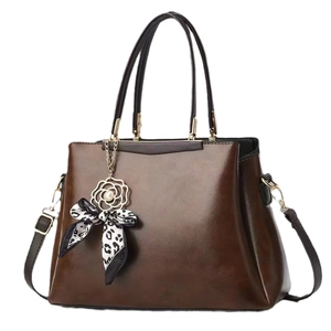 Brown leather multi-layer tote bag with gold rose charm and leopard print scarf