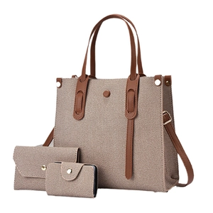 Three-piece brown woven tote bag set with matching wallet and card holder for women