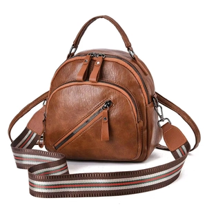 Detail of brown faux leather mini backpack with multi-layer zippers and striped strap