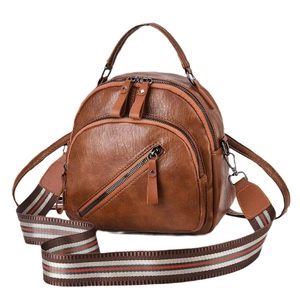 Brown multi-layer phone bag in pebbled PU leather with a striped detachable wide strap