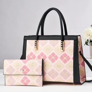 Floral plaid tote bag and wallet set with pink jacquard fabric and black leather trim