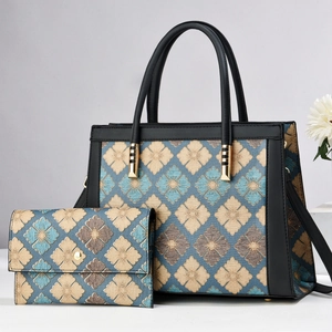 Floral plaid tote bag set with matching clutch featuring blue patterns and gold hardware