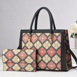 Floral plaid tote bag set with matching wallet and adjustable shoulder strap