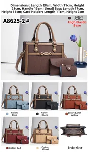 Detailed view of striped three-piece handbag set with dimensions and interior structure