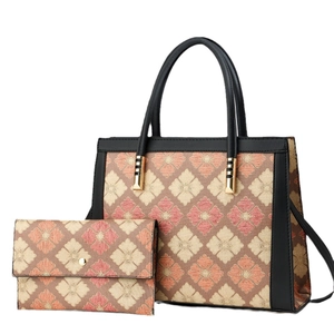 Floral plaid tote bag and matching wallet set with black faux leather trim