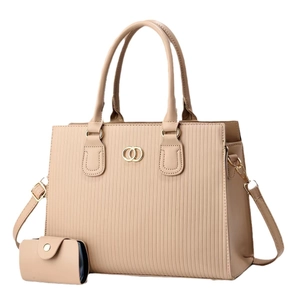 Striped beige tote bag and wallet set with gold buckle and detachable shoulder strap