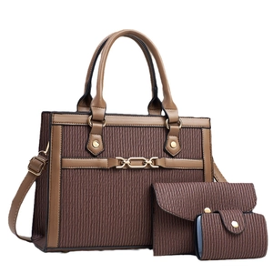 Three-piece dark brown textured faux leather tote bag set with golden hardware and straps
