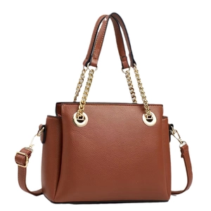 Deep brown leather tote bag with chain handle and detachable strap on white background
