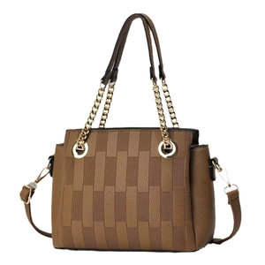 Fashionable brown leather handbag with chain strap and patchwork design for women