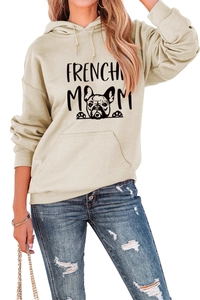 Detail of beige Frenchie Mom hoodie showing adjustable drawstring and large front pocket