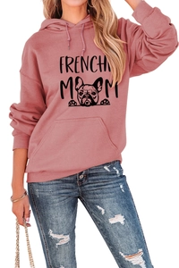 Detail of the Frenchie Mom print on a rose pink hoodie with kangaroo pocket and drawstrings