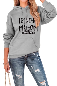 Close-up of Frenchie Mom print on grey hoodie with drawstring hood and kangaroo pocket