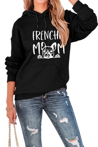 Detail of Frenchie Mom hoodie with white bulldog print and drawstring hood features