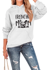 Close-up of Frenchie Mom print on white cotton hoodie with drawstring and front pocket