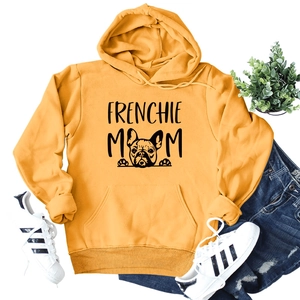 Mustard yellow Frenchie Mom hoodie flat lay with casual jeans and sneakers