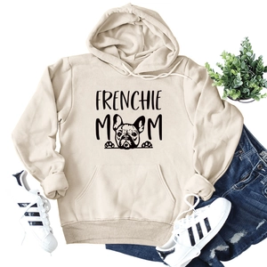 Close-up of oatmeal hoodie featuring Frenchie Mom print with jeans and sneakers