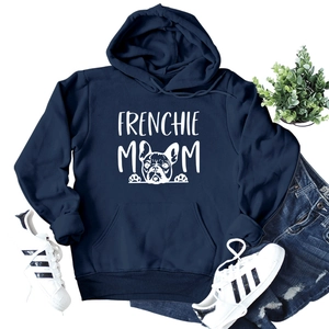 Navy blue Frenchie Mom hoodie with drawstring hood and front pocket on white background