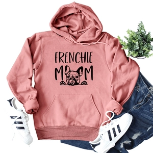 Pink Frenchie Mom long sleeve hoodie with dog print and kangaroo pocket flat lay style