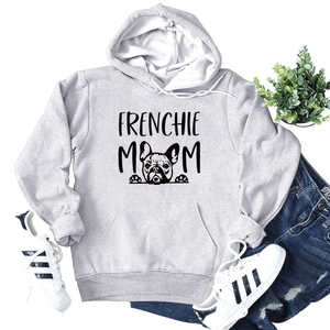 Flat lay of gray Frenchie Mom hoodie with front pocket styled with sneakers and jeans