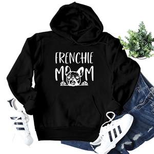 Detail of Frenchie Mom hoodie with front pocket and drawstring on white background