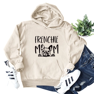Detailed view of Frenchie Mom cream hoodie featuring kangaroo pocket and dog print