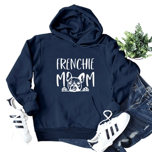 Navy Frenchie Mom hoodie featuring white graphics with casual denim and sneakers outfit