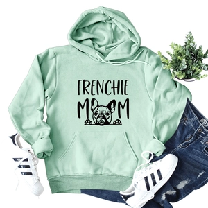 Detail of mint green Frenchie Mom hoodie with kangaroo pocket and ribbed cuffs