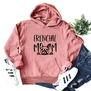 Detailed flat lay of pink Frenchie Mom hoodie with front pocket and drawstring hood
