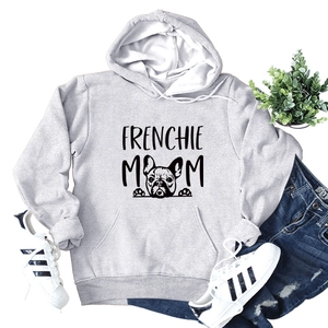 Flat lay of a light grey Frenchie Mom hoodie paired with jeans and white sneakers