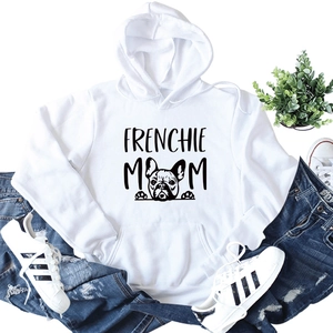 Flat lay of a white Frenchie Mom hoodie with dog graphic and cozy drawstring details