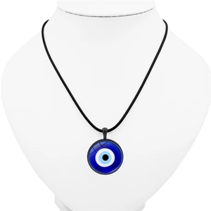Blue Evil Eye glass pendant on black cord necklace worn on a white neck mannequin model