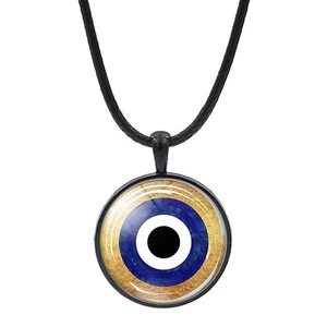 Vintage blue evil eye pendant necklace with gold texture and black cord for women