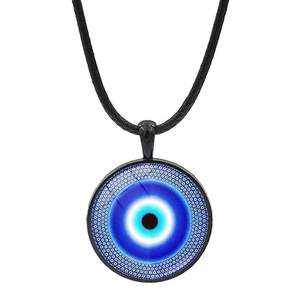 Blue evil eye pendant necklace with black cord and geometric mesh design on white background