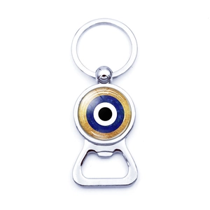 Polierter silberner Flaschenöffner-Schlüsselanhänger mit Evil Eye Glaseinlage