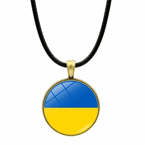 Retro Zinklegierung Rund Glas Anhänger Halskette Mit Lederschnur Ukraine Flagge Dreizack Muster Schmuck Für Damen Herren