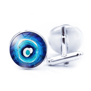 Ασημένια μανικετόκουμπα Evil Eye για ανδρικά πουκάμισα με μπλε γυάλινα γούρια