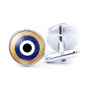Ασημένια μανικετόκουμπα Evil Eye για ανδρικά πουκάμισα με μπλε γυάλινη πέτρα