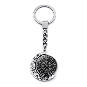 Porte-clés Boussole Viking Nordique Lune Rotative Alliage de Zinc Argent Antique Runes Odin Pendentif Accessoire