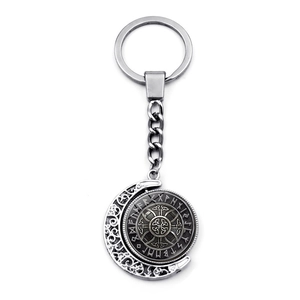 Porte-clés boussole viking vintage avec pendentif lune rotatif et runes nordiques