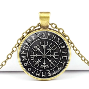 Vintage Nordic Viking Vegvisir Compass Pendant Necklace Rune Odin Symbol Bronze Zinc Alloy Glass Cabochon Necklace For Men Women Ethnic Jewelry Gift